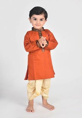 Maroon Woven Design Cotton Kurta Dhoti Set For Boys