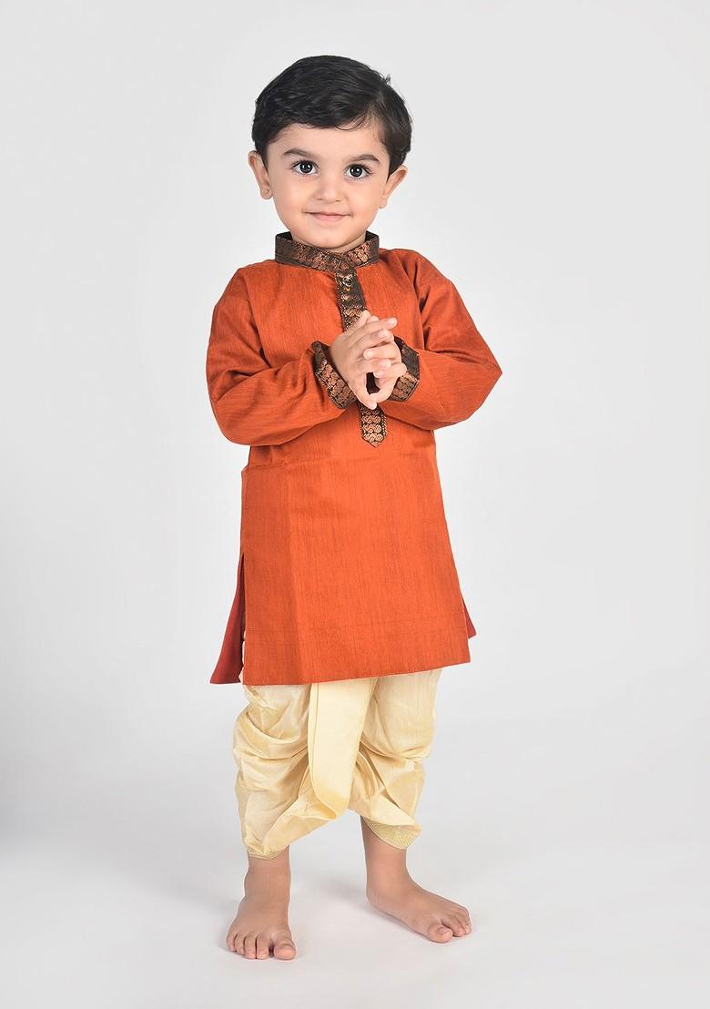 Maroon Woven Design Cotton Kurta Dhoti Set For Boys - Indya