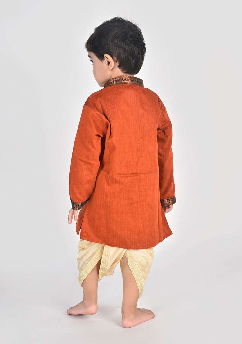 Maroon Woven Design Cotton Kurta Dhoti Set For Boys - Indya