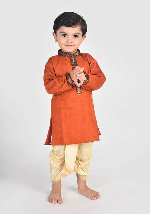 Maroon Woven Design Cotton Kurta Dhoti Set For Boys