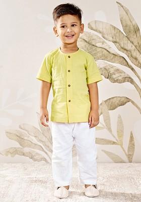 Yellow Embroidered Cotton Kurta Set For Boys