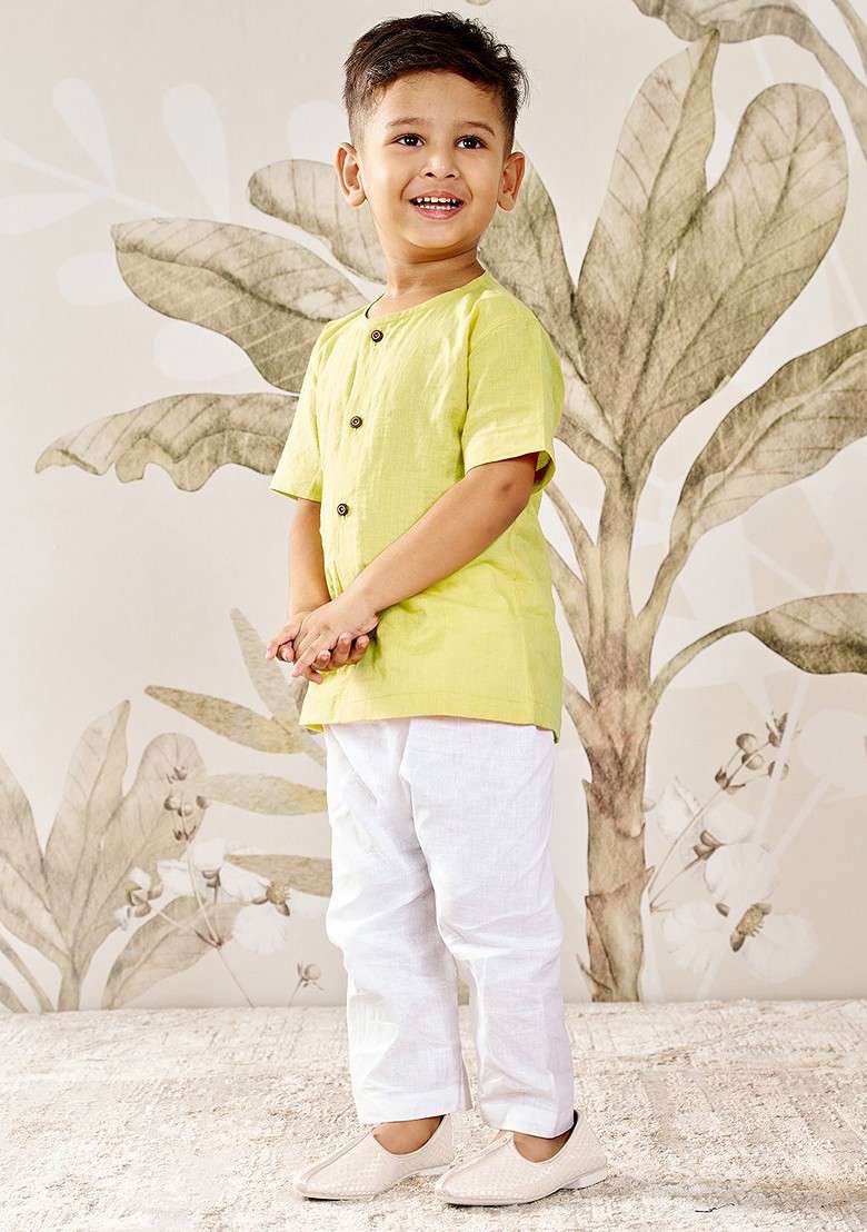 Yellow Embroidered Cotton Kurta Set For Boys - Indya