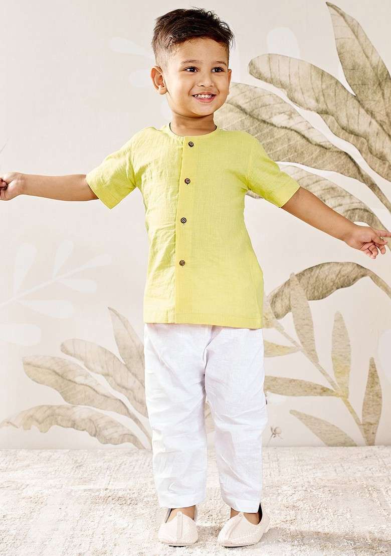 Yellow Embroidered Cotton Kurta Set For Boys - Indya