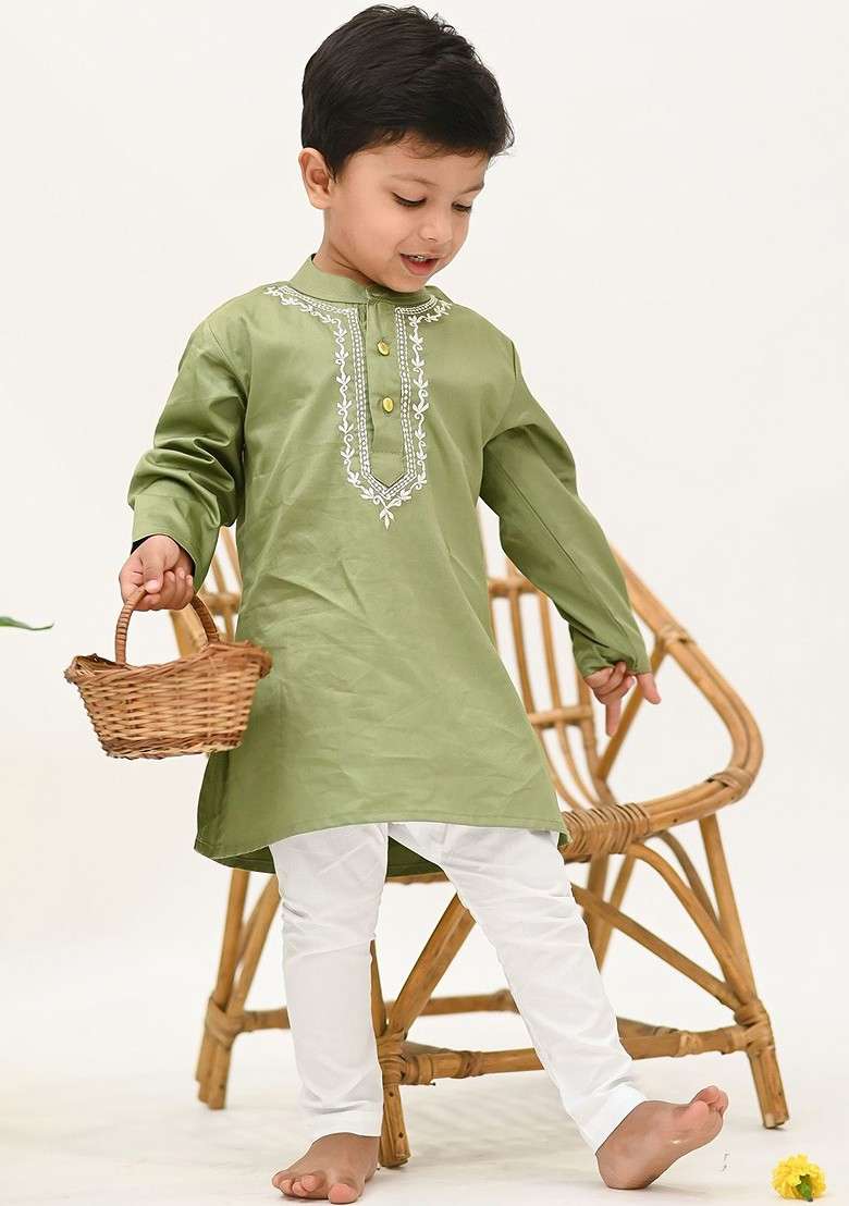 Green Embroidered Cotton Kurta Set For Boys - Indya