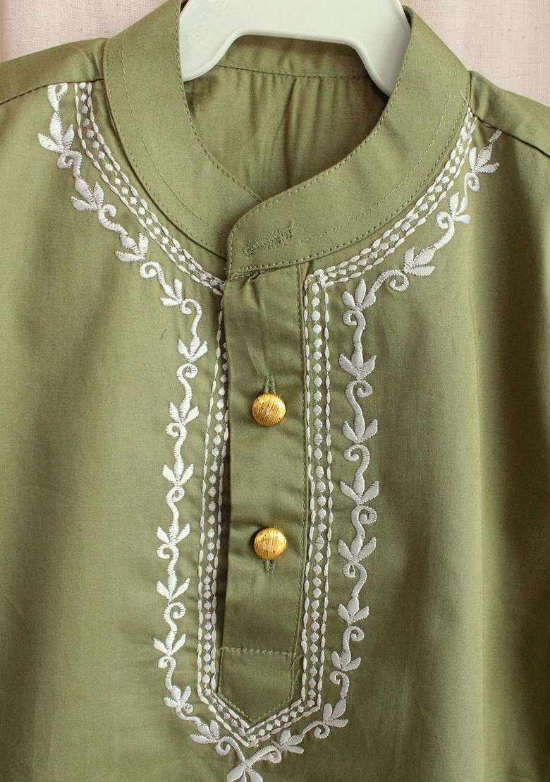 Green Embroidered Cotton Kurta Set For Boys - Indya
