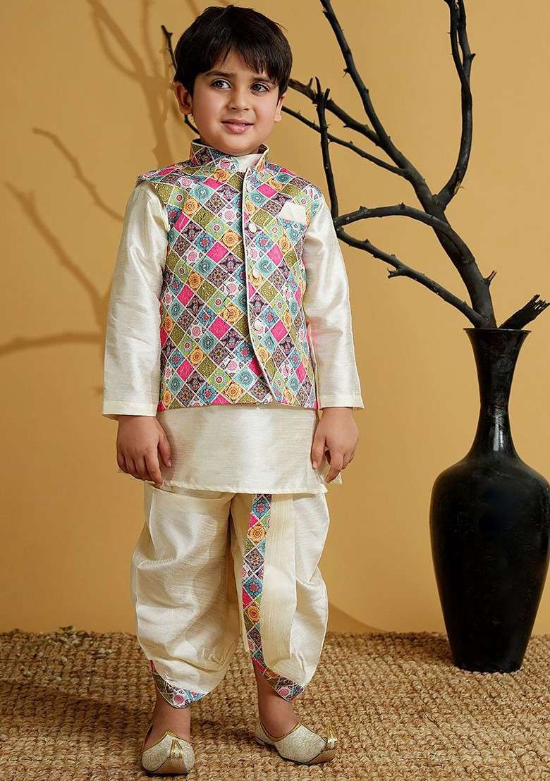 White Embroidered Blended Kurta Dhoti Set For Boys - Indya