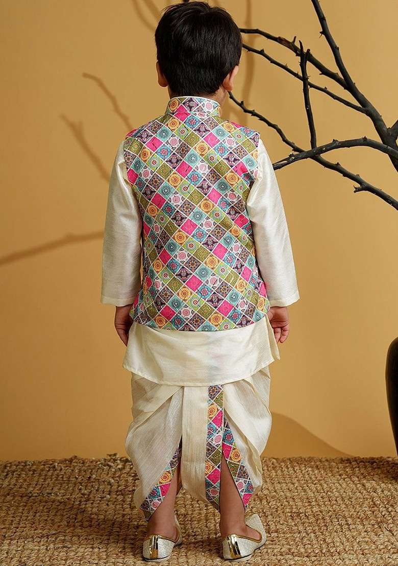 White Embroidered Blended Kurta Dhoti Set For Boys - Indya