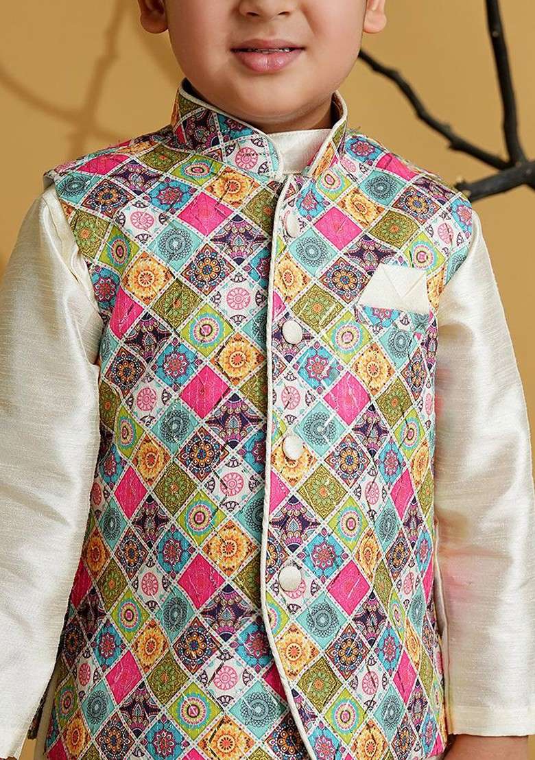 White Embroidered Blended Kurta Dhoti Set For Boys - Indya