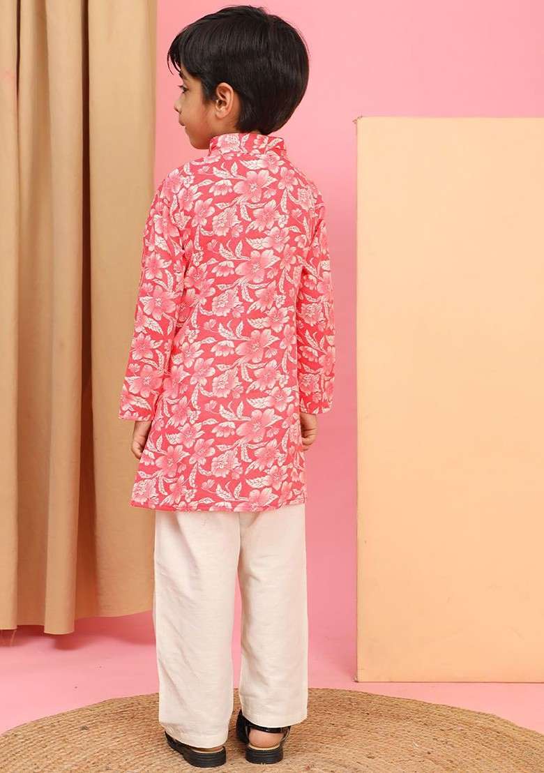 Coral Printed Blended Kurta Set For Boys - Indya