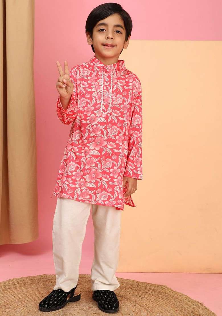 Coral Printed Blended Kurta Set For Boys - Indya