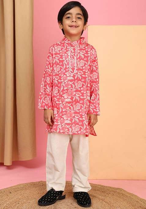 Coral Printed Blended Kurta Set For Boys