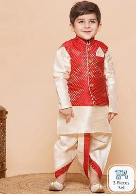 Red Embroidered Silk Nehru Jacket Set For Boys