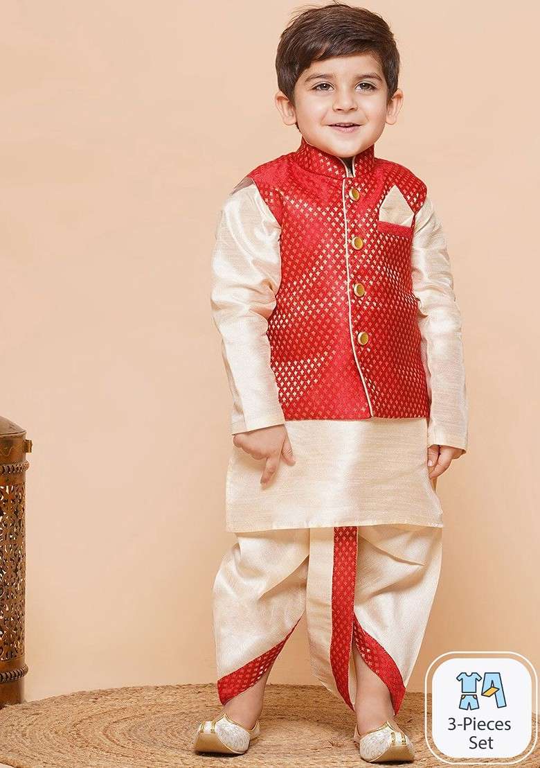 Red Embroidered Silk Nehru Jacket Set For Boys - Indya