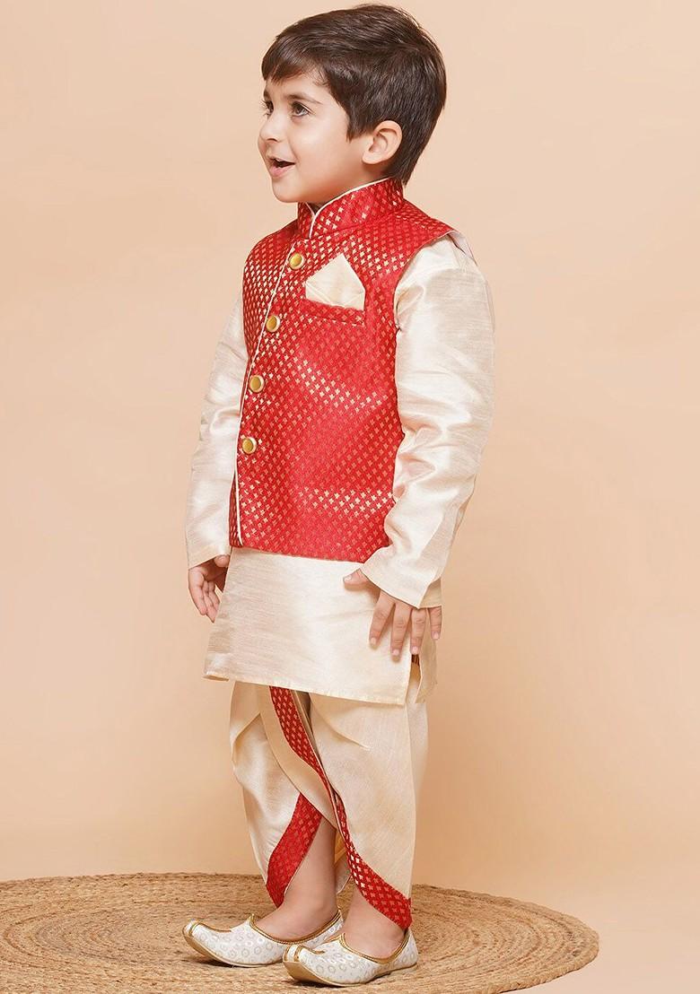 Red Embroidered Silk Nehru Jacket Set For Boys - Indya
