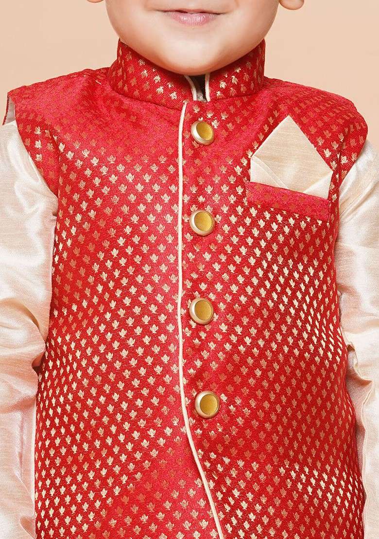Red Embroidered Silk Nehru Jacket Set For Boys - Indya