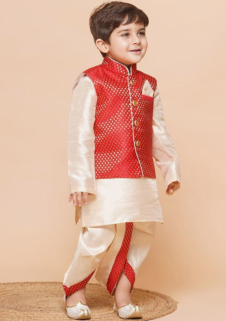 Red Embroidered Silk Nehru Jacket Set For Boys - Indya