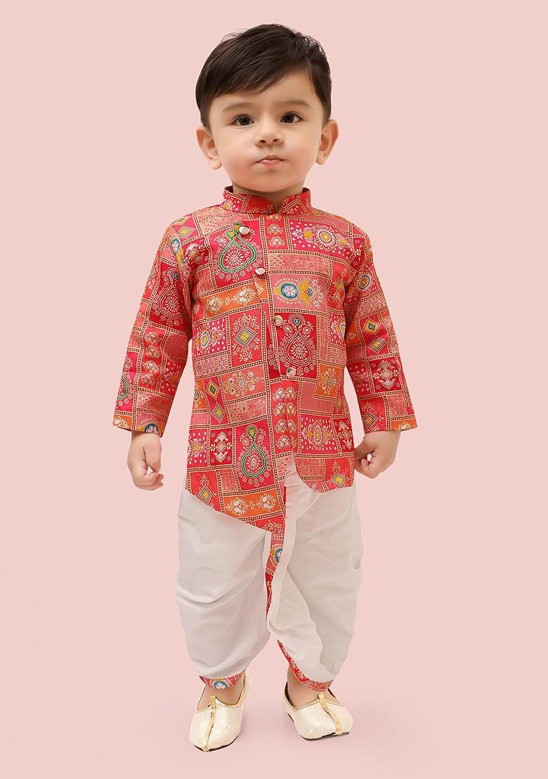 Pink Printed Blended Kurta Dhoti Set For Boys - Indya