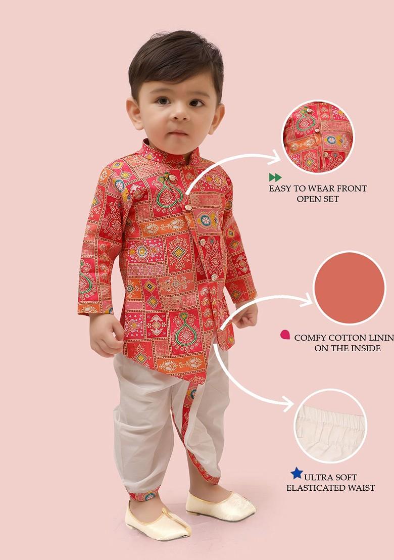 Pink Printed Blended Kurta Dhoti Set For Boys - Indya