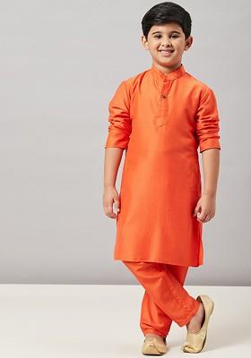 Orange Embroidered Blended Kurta Set For Boys
