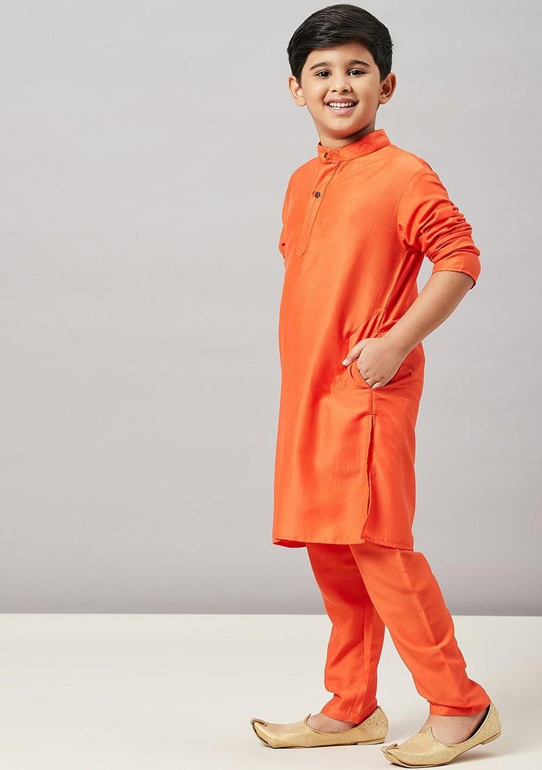 Orange Embroidered Blended Kurta Set For Boys - Indya
