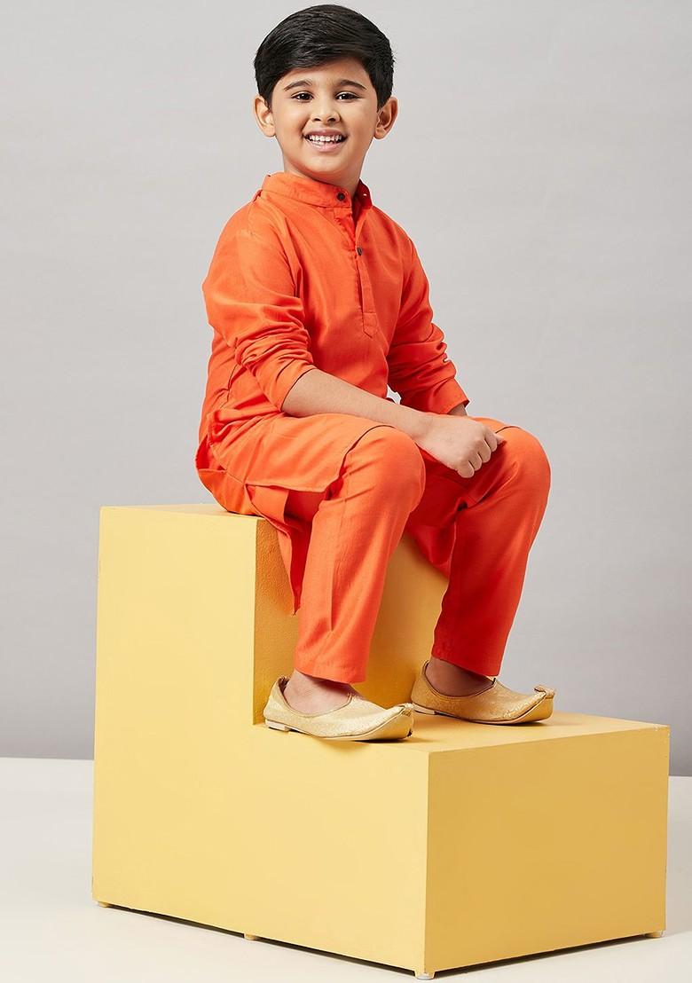 Orange Embroidered Blended Kurta Set For Boys - Indya