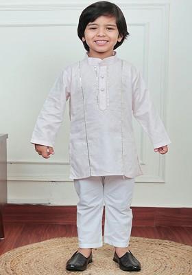 White Gotta Patti Work Cotton Kurta Set For Boys