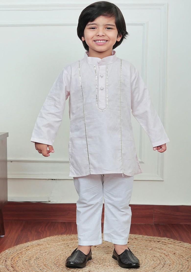 White Gotta Patti Work Cotton Kurta Set For Boys - Indya