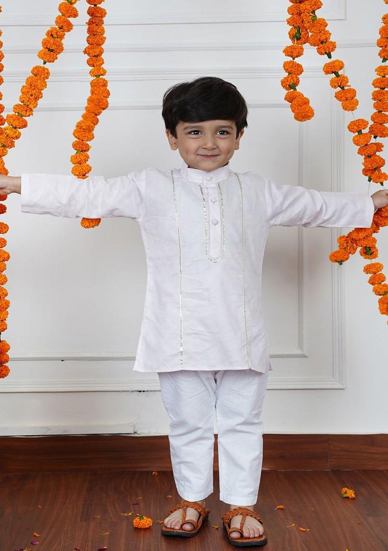 White Gotta Patti Work Cotton Kurta Set For Boys - Indya