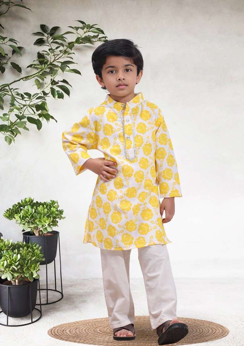 White Printed Blended Kurta Set For Boys - Indya