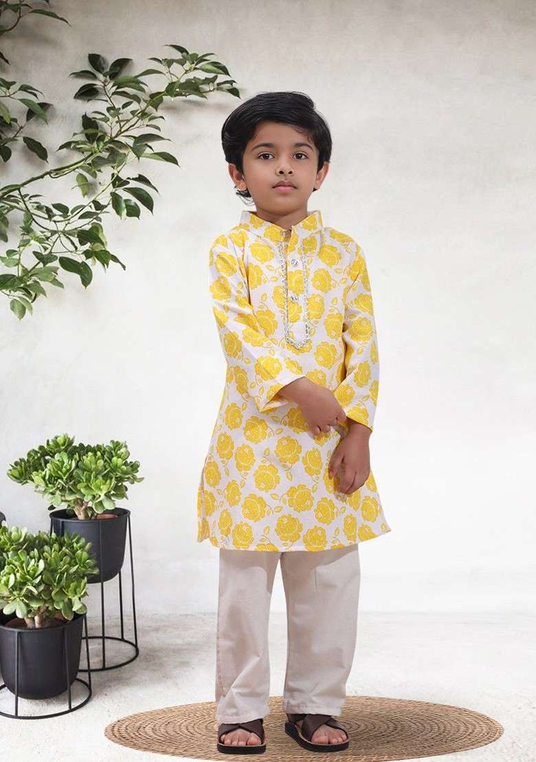 White Printed Blended Kurta Set For Boys - Indya