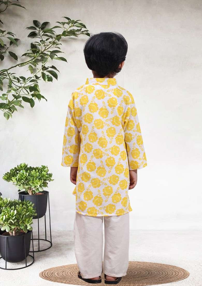 White Printed Blended Kurta Set For Boys - Indya