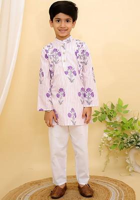 Purple Printed Cotton Kurta Set For Boys