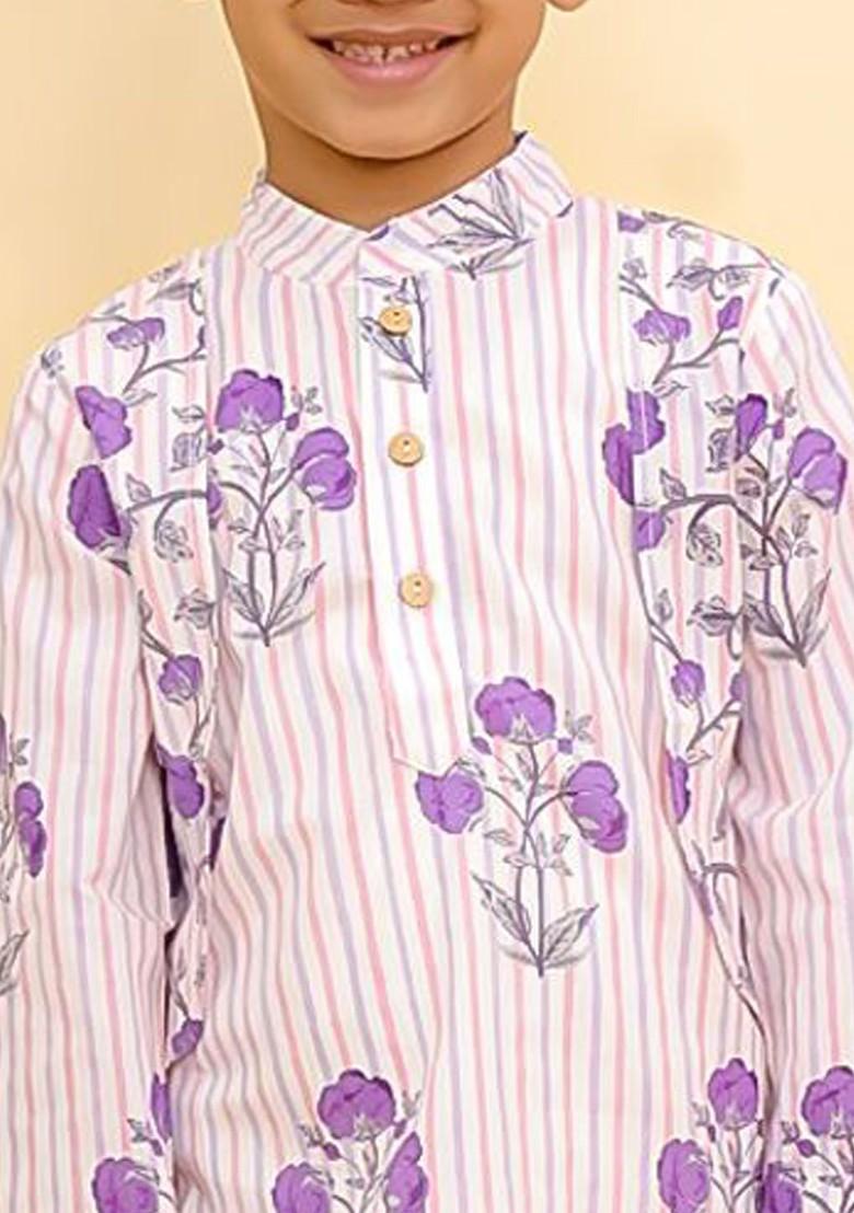 Purple Printed Cotton Kurta Set For Boys - Indya