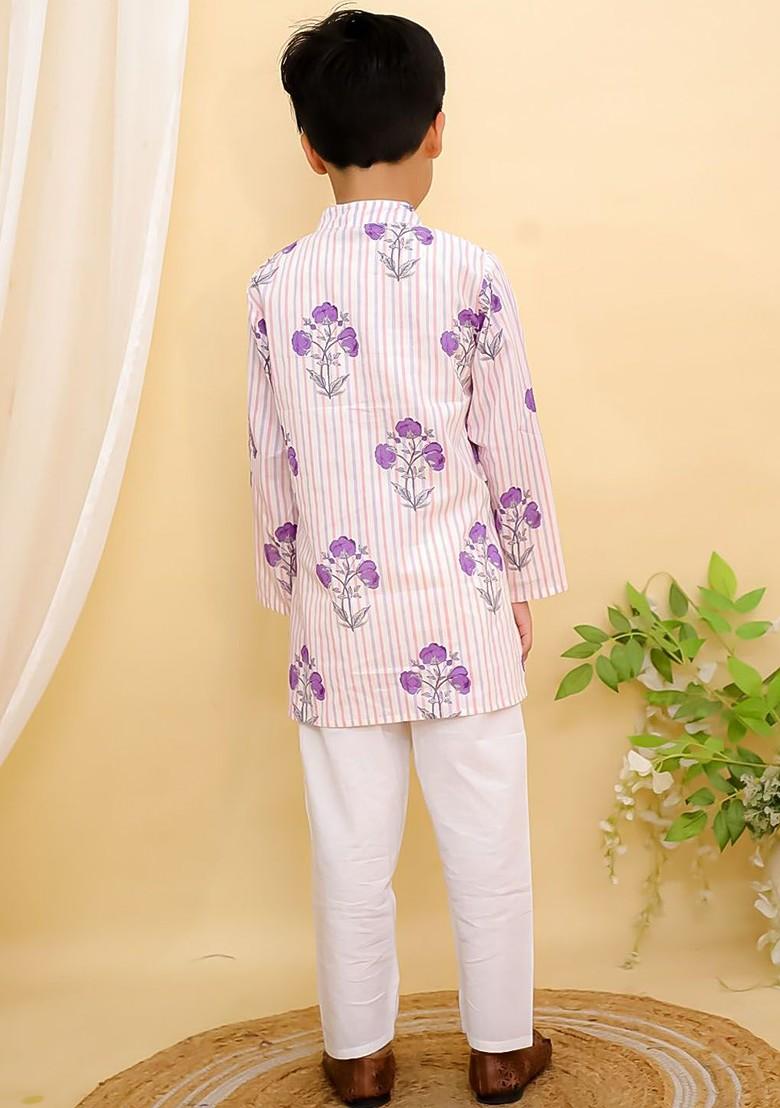 Purple Printed Cotton Kurta Set For Boys - Indya