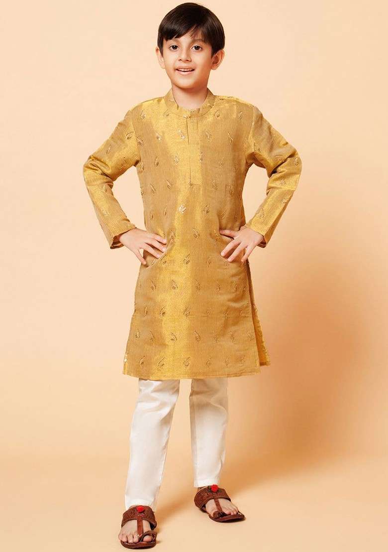 Gold Embroidered Blended Kurta Set For Boys - Indya