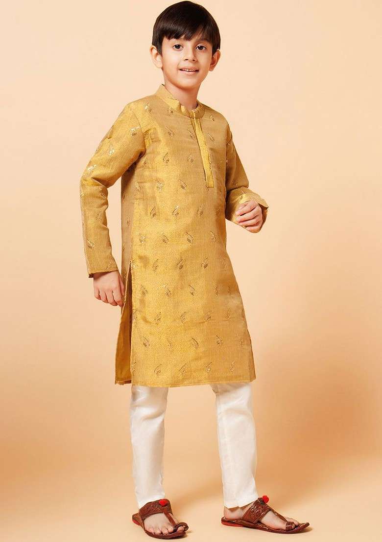 Gold Embroidered Blended Kurta Set For Boys - Indya