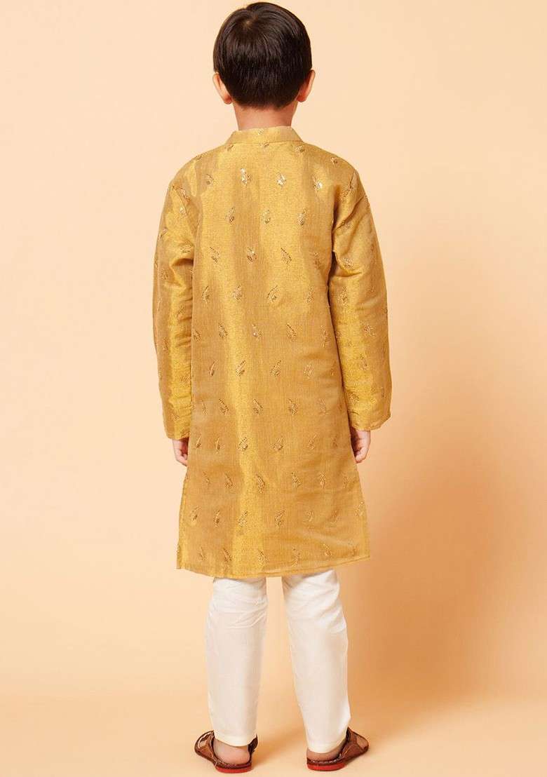 Gold Embroidered Blended Kurta Set For Boys - Indya