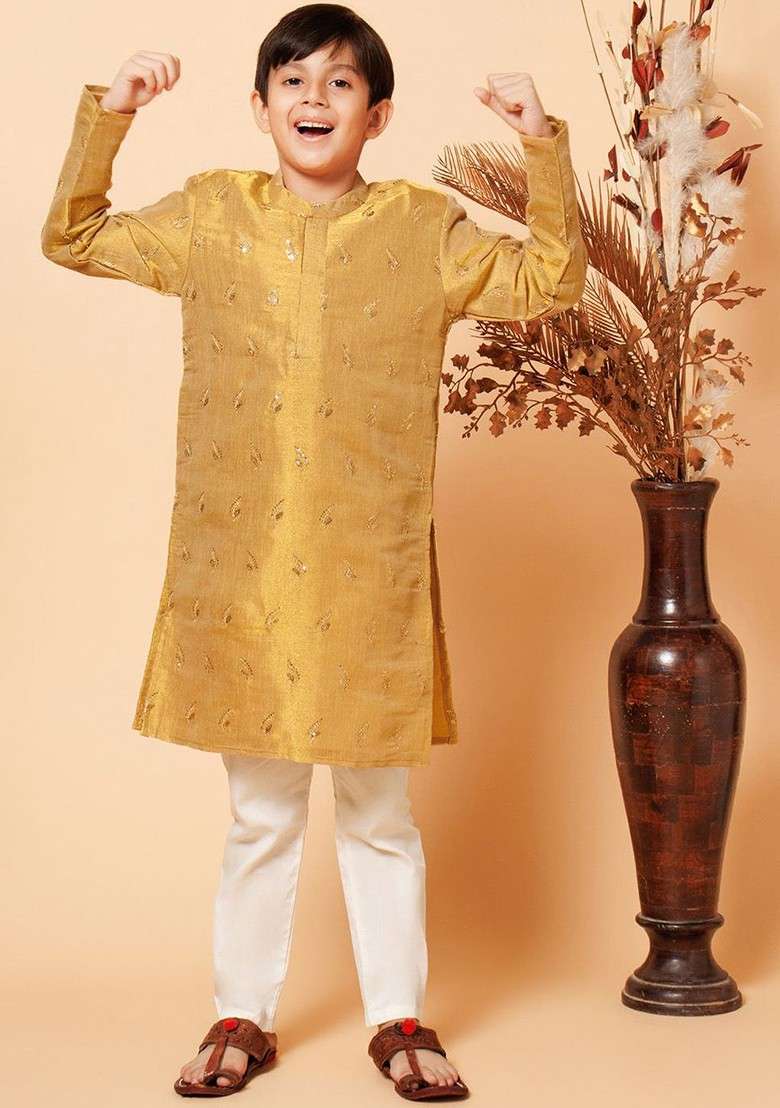 Gold Embroidered Blended Kurta Set For Boys - Indya
