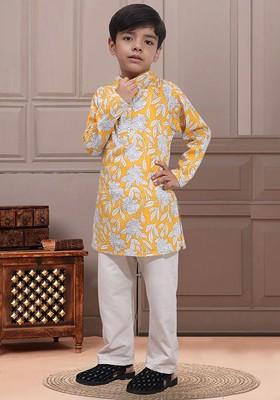 Mustard Printed Blended Kurta Set For Boys