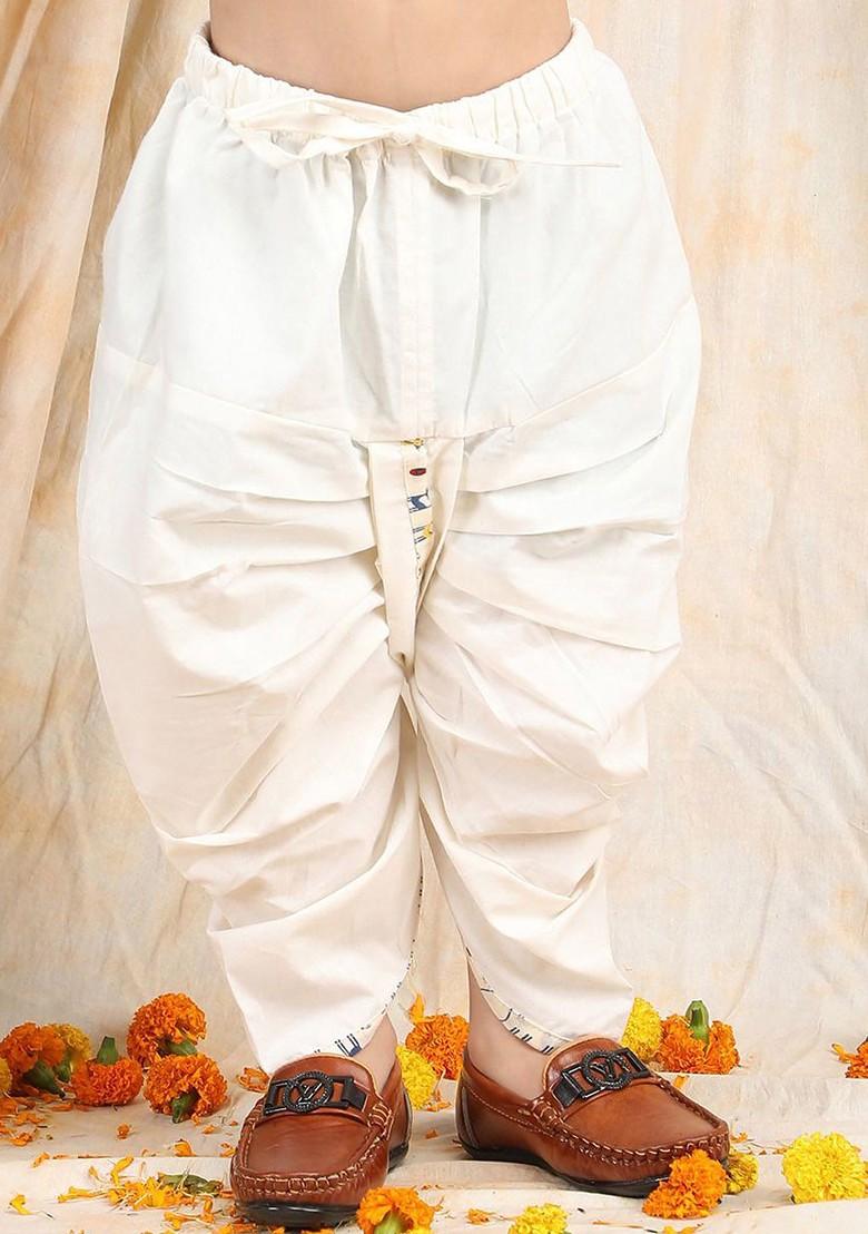White Printed Cotton Kurta Dhoti Set For Boys - Indya