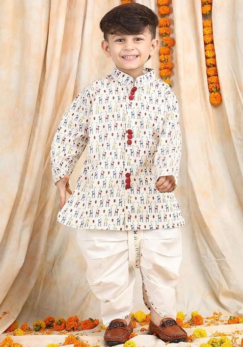 White Printed Cotton Kurta Dhoti Set For Boys — view on Indya