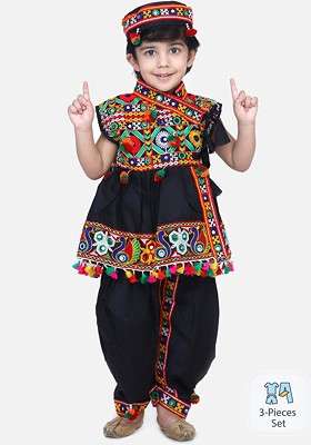 Black Embroidered Blended Kurta Dhoti Set For Boys