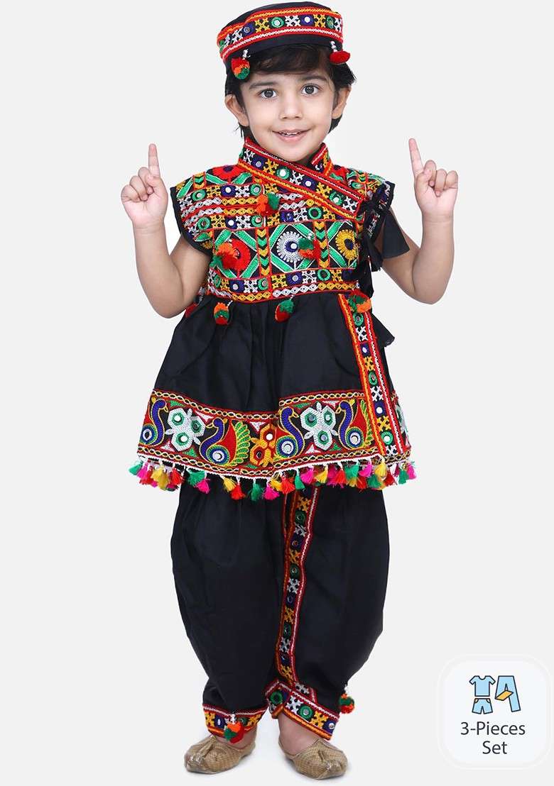 Black Embroidered Blended Kurta Dhoti Set For Boys - Indya