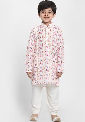 White Printed Blended Kurta Set For Boys
