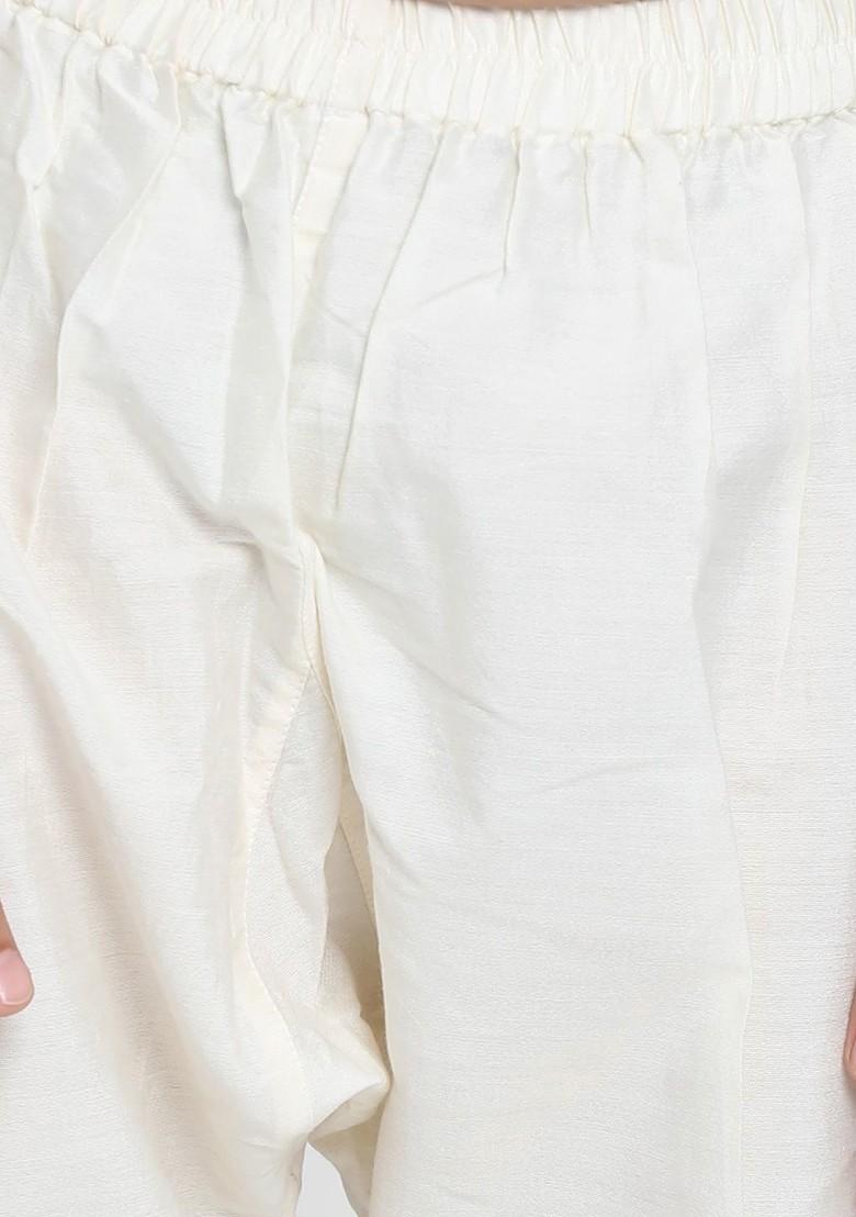 White Printed Blended Kurta Set For Boys - Indya