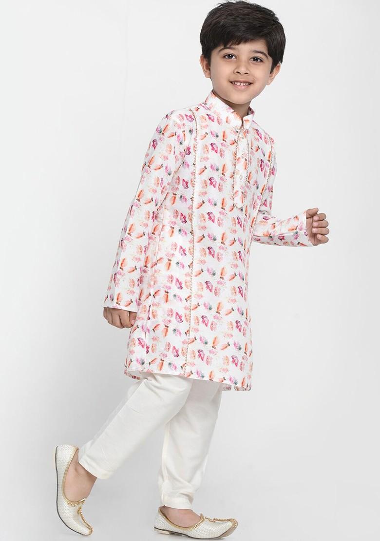 White Printed Blended Kurta Set For Boys - Indya