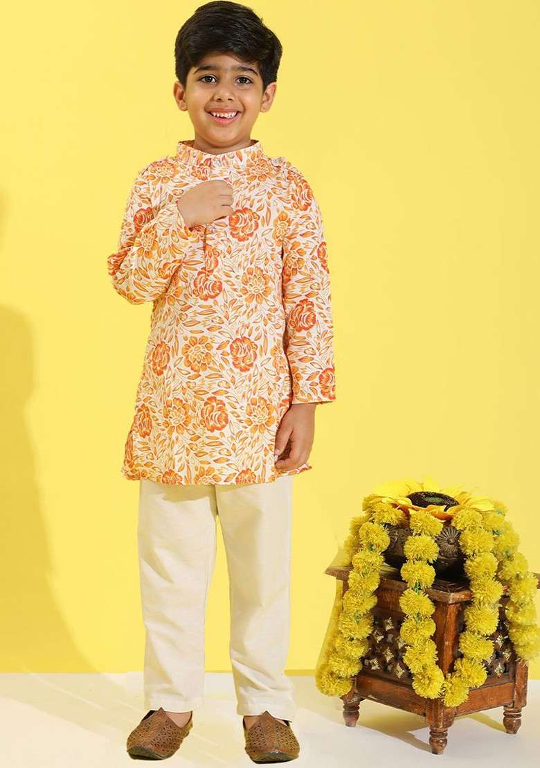 Coral Printed Blended Kurta Set For Boys - Indya