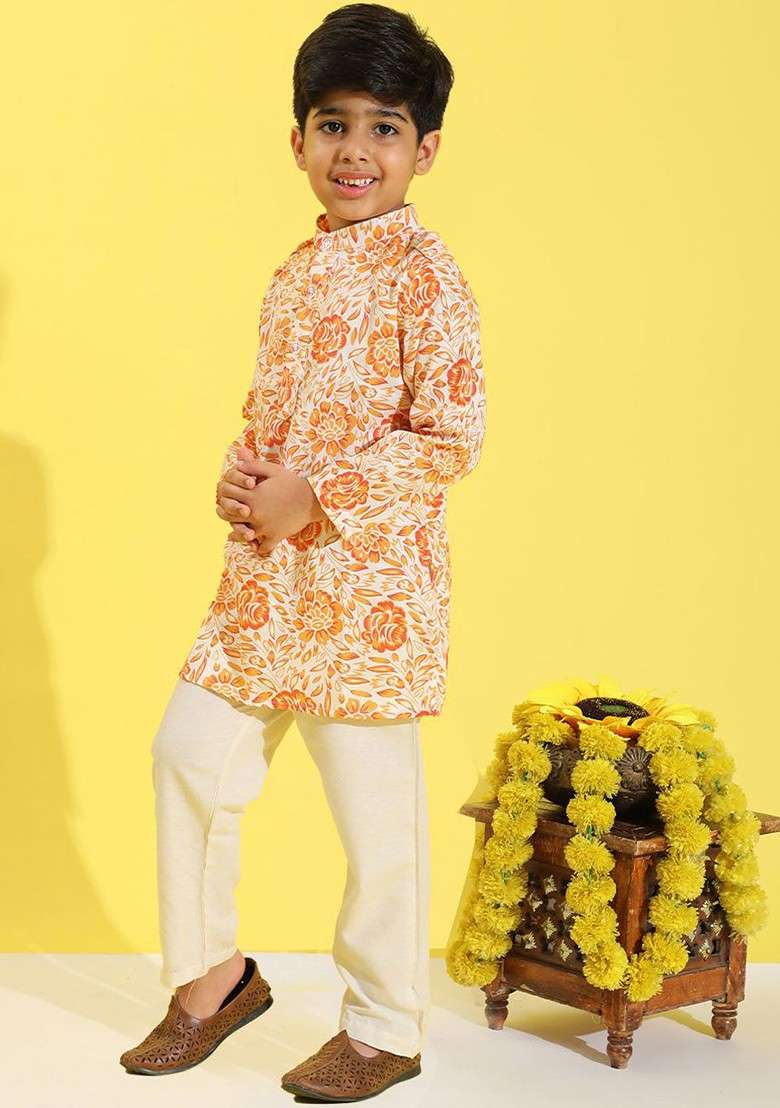Coral Printed Blended Kurta Set For Boys - Indya