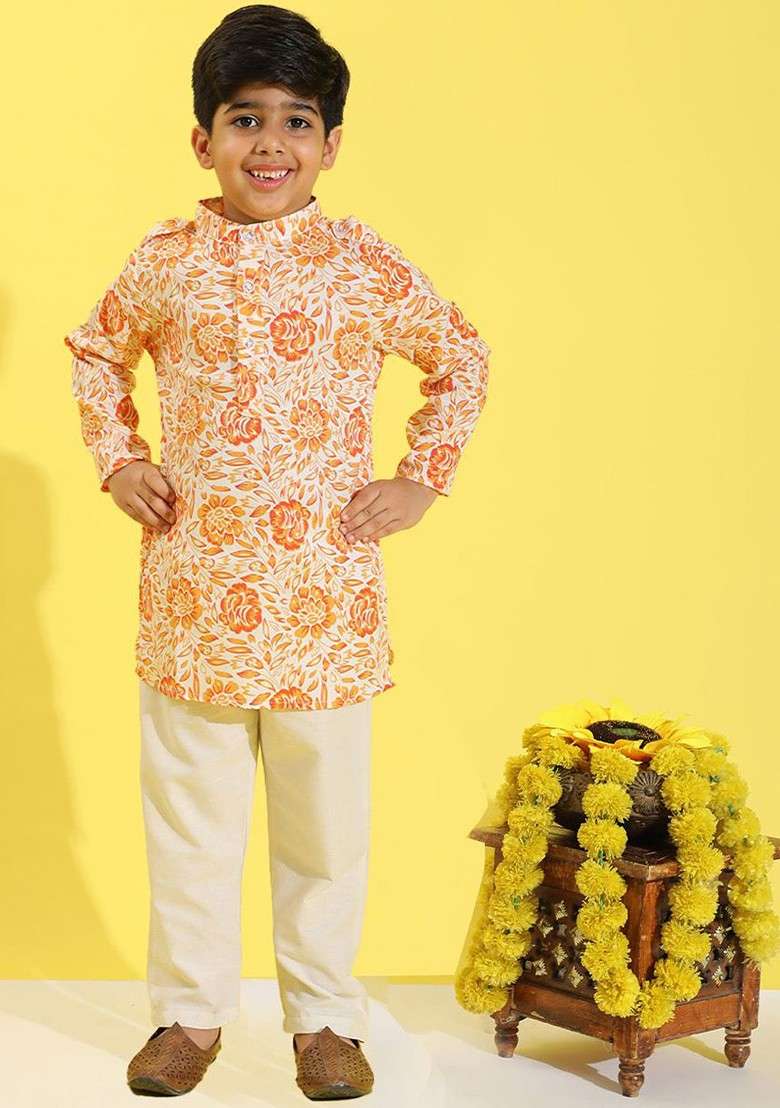 Coral Printed Blended Kurta Set For Boys - Indya