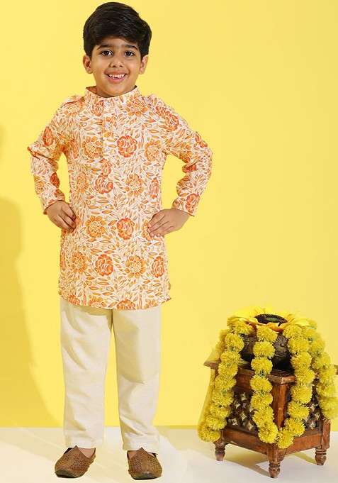 Coral Printed Blended Kurta Set For Boys
